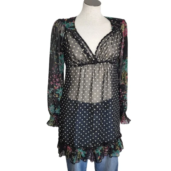 Johnny Martin Sheer Floral  Polka Dot  Print Long Sleeve Dress Size 1 - Picture 3 of 6